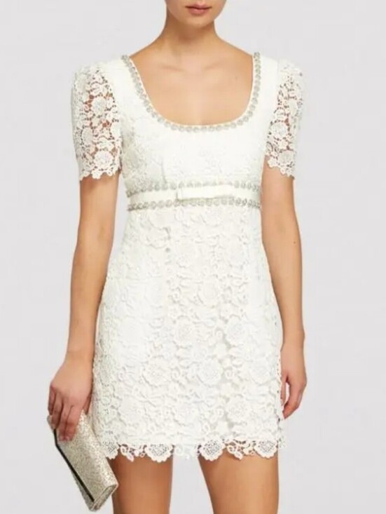 Self-Portrait Dresses & Skirts - Self-Portrait Pearl-Embellished Guipure Lace Scoop-Neck White Mini Dress